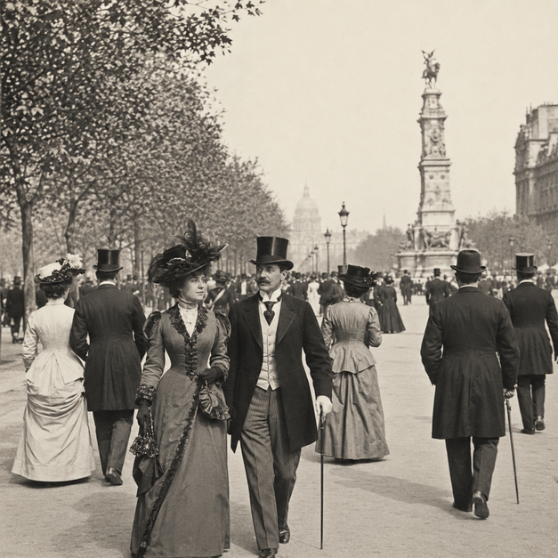 Photographie XIXème siècle montrant des homme et des femmes élégants avec chapeaux lors d'une promenade